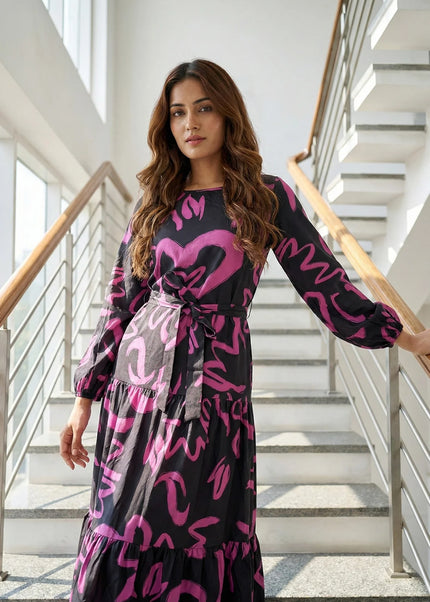 Round Neck Abstract Swirl Flowing Gown