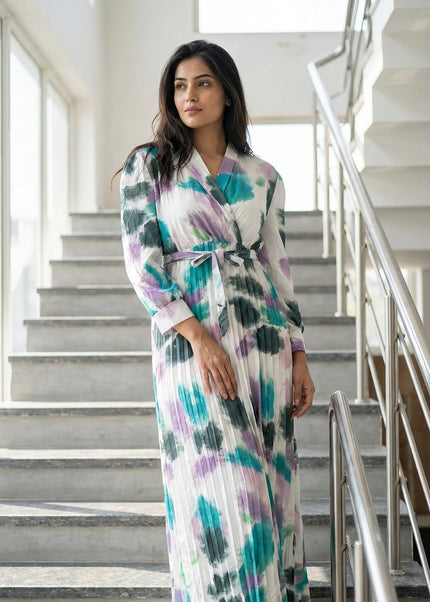 Elegant Abstract Print Pleated Wrap Maxi Dress