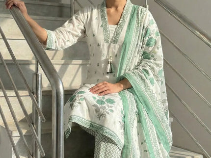 White & Sage Green Floral Block Print Cotton Suit Set