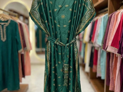 Luxe Jacquard Satin Kaftan with Print Detail