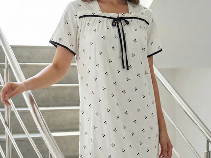Cherry Print Square Neck Nightdress with Contrast Piping & Bow Detail