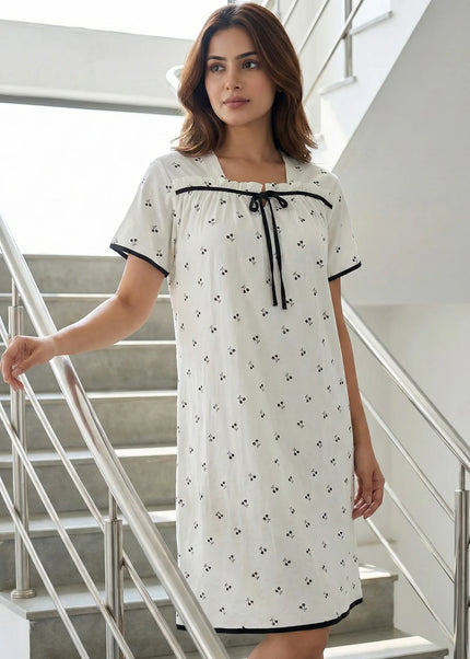 Cherry Print Square Neck Nightdress with Contrast Piping & Bow Detail
