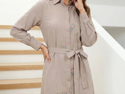 Embroidered Tie-Waist Shirt Dress
