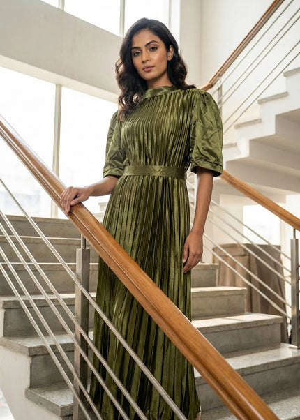 Lustrous High-Neck Accordion Pleat Maxi