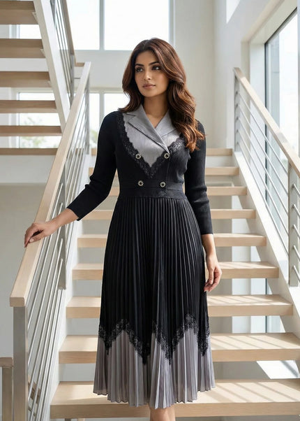 Elegant Blazer-Style Pleated Midi Dress