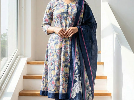 Floral Print Suit Set with Striped Pants