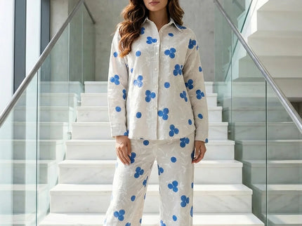 Beige Linen-Blend Clover Embroidered Co-ord Set