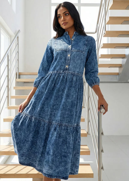 Acid Wash Denim Tiered Midi Dress