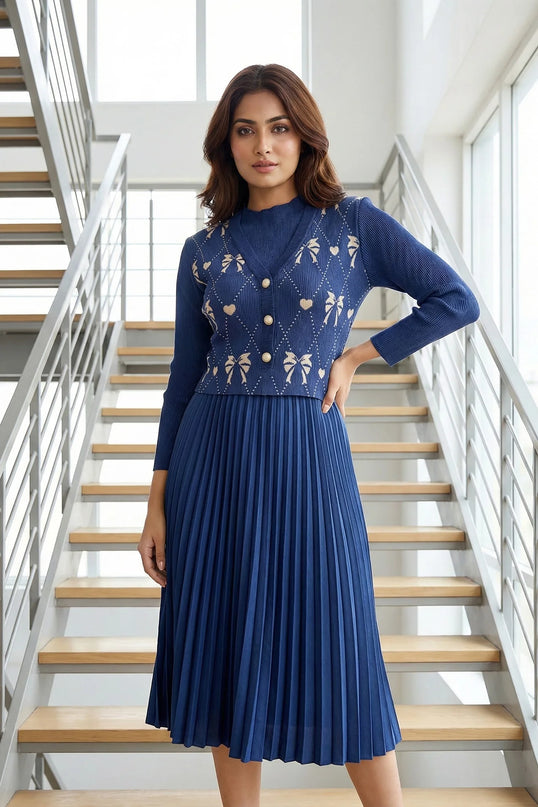 Heart & Bow Pleated Knit Dress