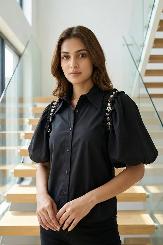 Chic Embellished Puff-Sleeve Blouse