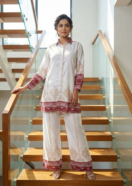 Elegant Damask Print Tunic & Wide-Leg Trouser Set
