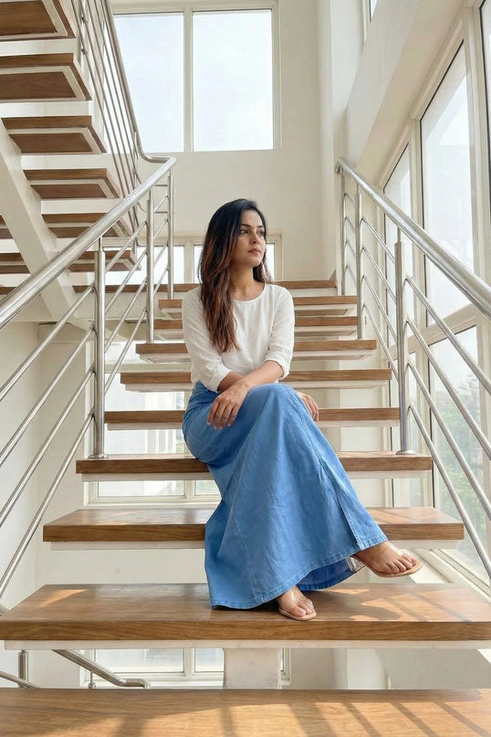 Classic Light Blue Denim Maxi Skirt with Front Slit