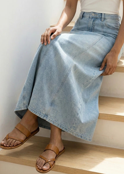 Vintage Light-Wash Paneled Denim Maxi Skirt