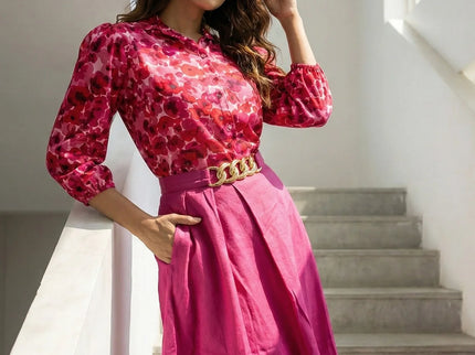 Abstract Print Ruffled Blouse & Midi Skirt Set