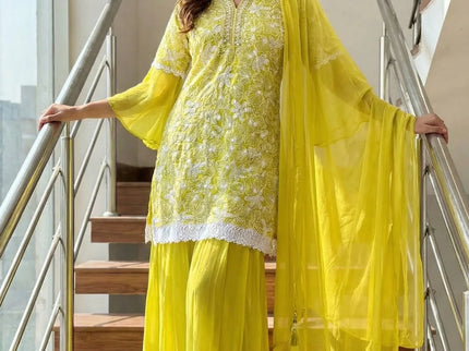 Lime Green Floral Embroidered Palazzo Set