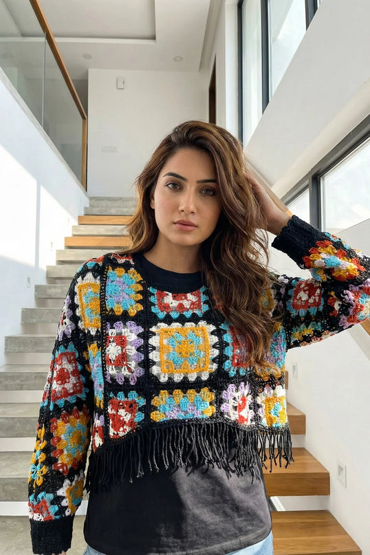 Multicolor Boho Granny Square Crochet Top