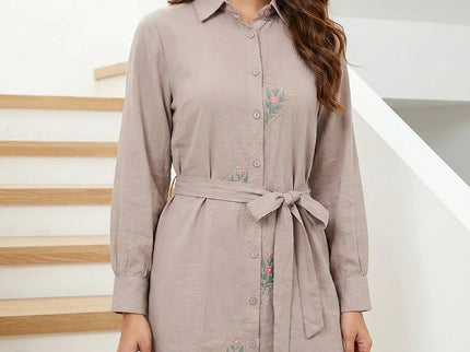 Embroidered Tie-Waist Shirt Dress