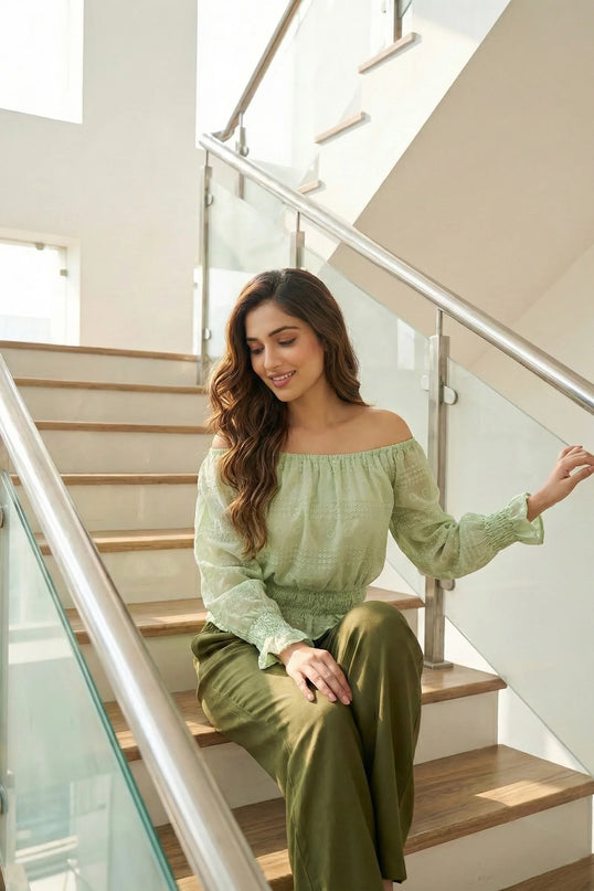 Textured Off-Shoulder Smocked Top