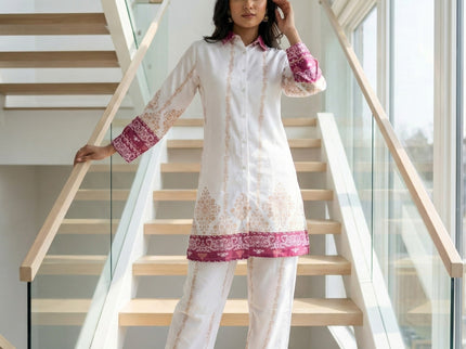 Elegant Damask Print Tunic & Wide-Leg Trouser Set