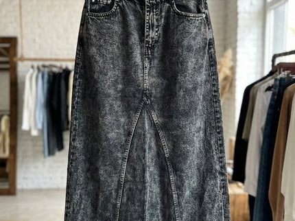Vintage Black Acid Wash Front-Slit Denim Maxi Skirt