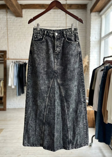 Vintage Black Acid Wash Front-Slit Denim Maxi Skirt