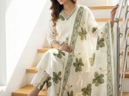 Off-White Cotton Kurta Set with Green Floral Motifs & Sequin Embroidery