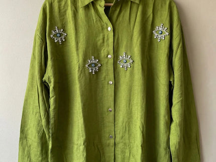 Textured Crinkle Button-Down Shirt with Crystal Eye Embellishments