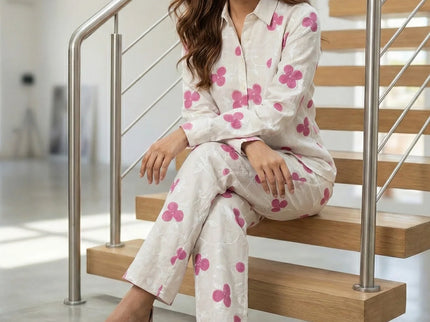 Beige Linen-Blend Clover Embroidered Co-ord Set