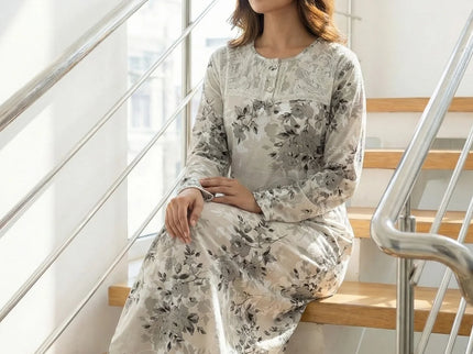 Elegant Grey Floral Maxi Nightgown with Lace Detail