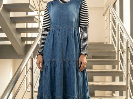 Tiered Denim Pinafore Maxi Dress with Striped Turtleneck Top