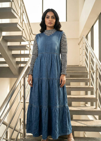 Tiered Denim Pinafore Maxi Dress with Striped Turtleneck Top