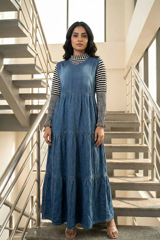 Tiered Denim Pinafore Maxi Dress with Striped Turtleneck Top
