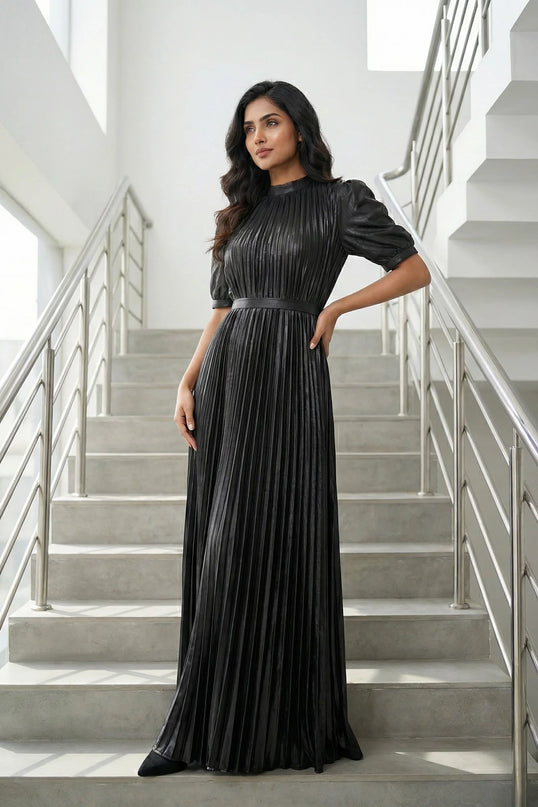 Lustrous High-Neck Accordion Pleat Maxi