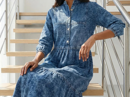 Acid Wash Denim Tiered Midi Dress