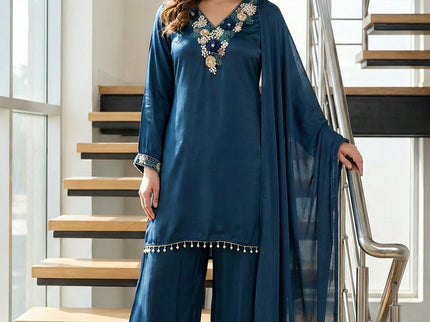 3D Floral Embroidered Silk Suit Set