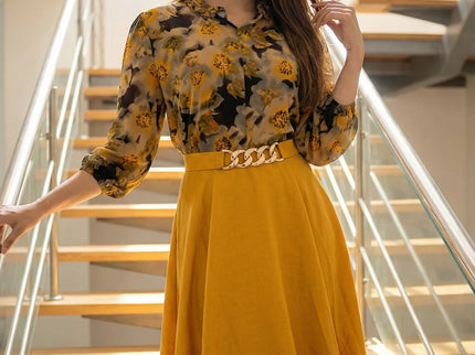 Abstract Print Ruffled Blouse & Midi Skirt Set