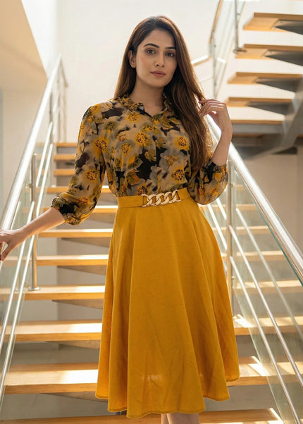 Abstract Print Ruffled Blouse & Midi Skirt Set