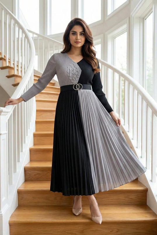 The Petal & Pleat Two-Tone Midi Dress