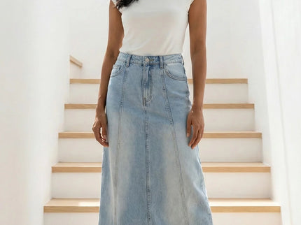 Vintage Light-Wash Paneled Denim Maxi Skirt