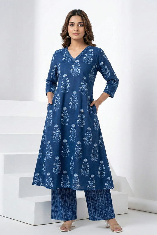 Elegant Blue Floral A-Line Kurta Set by Attire Sign