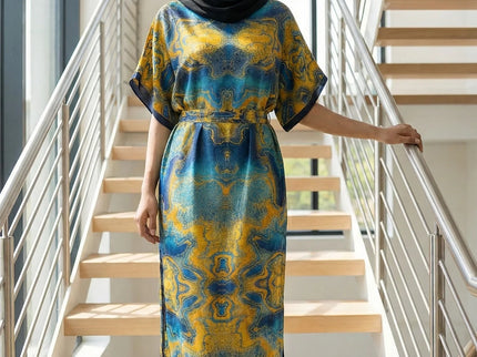 Luxe Jacquard Satin Kaftan with Print Detail