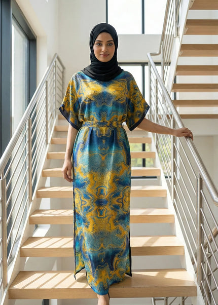 Luxe Jacquard Satin Kaftan with Print Detail