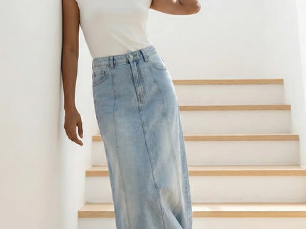 Vintage Light-Wash Paneled Denim Maxi Skirt