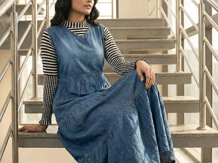 Tiered Denim Pinafore Maxi Dress with Striped Turtleneck Top