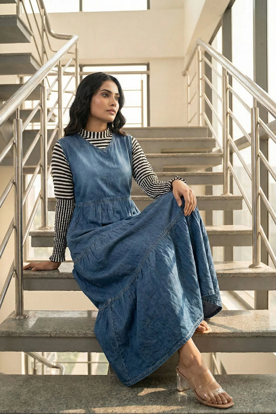Tiered Denim Pinafore Maxi Dress with Striped Turtleneck Top