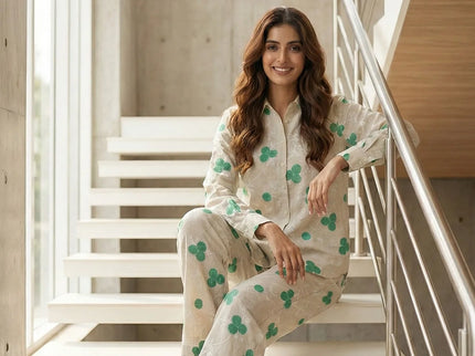 Beige Linen-Blend Clover Embroidered Co-ord Set