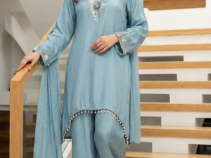 3D Floral Embroidered Silk Suit Set