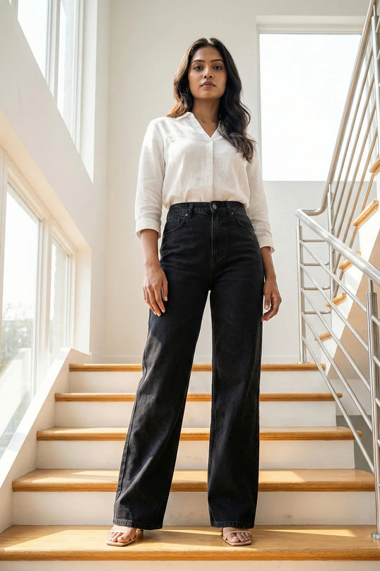 Classic High-Waist Black Wide-Leg Jeans