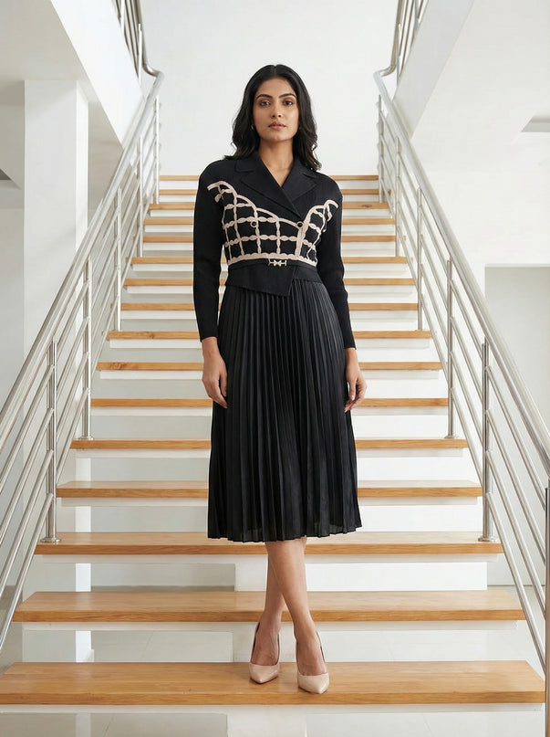 Chic Structured Blazer & Pleated Midi Ensemble