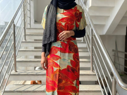 Luxe Jacquard Satin Kaftan with Print Detail